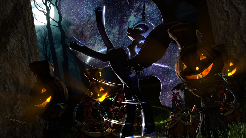 Size: 3840x2160 | Tagged: safe, artist:fanaticheretic7, derpibooru import, nightmare moon, alicorn, pony, 3d, basket, candle, cute, everfree forest, forest, full moon, halloween, happy, holiday, image, jack-o-lantern, magic, magic circle, mlp fim's fourteenth anniversary, moon, nature, nightmare night, png, pumpkin, smiling, solo, summoning, summoning circle, tree, tribute, wholesome