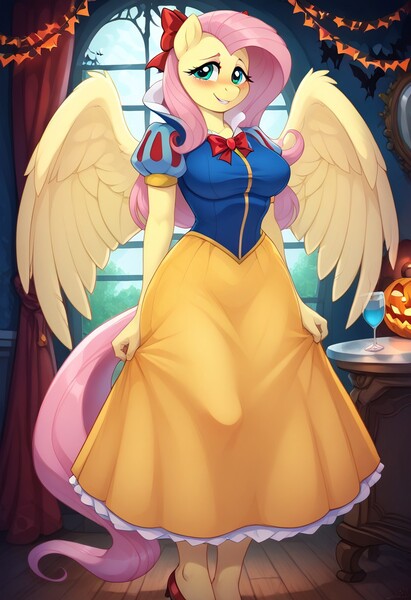 Size: 832x1216 | Tagged: safe, ai content, derpibooru import, generator:civitai, machine learning generated, prompter:shajoe, stable diffusion, fluttershy, alicorn, anthro, pegasus, series:nightmare night ai costume showcase, g4, beautiful, clothes, costume, cute, dress, female, generator:pony diffusion v6 xl, halloween, halloween costume, halloween party, holiday, image, jpeg, nightmare night, nightmare night costume, nightmare night party, shyabetes, snow white, snow white and the seven dwarfs, solo, solo female