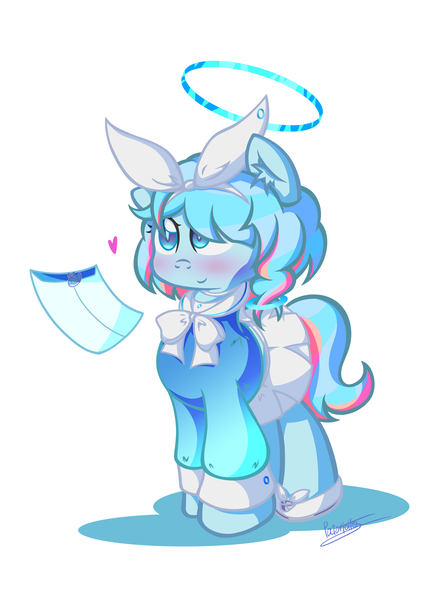 Size: 2480x3508 | Tagged: safe, artist:patoriotto, derpibooru import, ponified, earth pony, pony, arona (blue archive), blue archive, blushing, bowtie, clothes, collared shirt, female, filly, foal, folder, hair ribbon, halo, heart, image, long sleeves, multicolored hair, png, ribbon, shirt, shoes, simple background, skirt, smiling, solo, white background