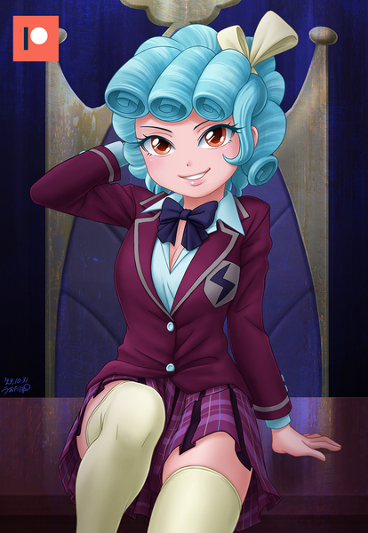 Size: 828x1200 | Tagged: safe, artist:uotapo, derpibooru import, cozy glow, human, equestria girls, g4, bowtie, breasts, chair, clothes, collared shirt, cowboy hat, crystal prep academy uniform, grin, hair ribbon, hat, image, jpeg, looking at you, on table, patreon, patreon logo, plaid skirt, ribbon, school uniform, shirt, skirt, smiling, socks, thigh highs