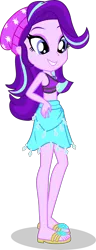 Size: 1622x4234 | Tagged: safe, artist:dustinwatsongkx, derpibooru import, starlight glimmer, human, equestria girls, g4, bare shoulders, beanie, clothes, clothes swap, female, geode of shielding, hat, image, magical geodes, png, rarity's blue sarong, rarity's purple bikini, sarong, simple background, sleeveless, solo, sports bra, swimsuit, swimsuit swap, transparent background