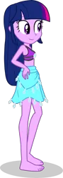 Size: 1436x4029 | Tagged: safe, alternate version, artist:dustinwatsongkx, derpibooru import, twilight sparkle, human, equestria girls, g4, accessory swap, bare shoulders, barefoot, clothes, clothes swap, feet, female, image, png, rarity's blue sarong, rarity's purple bikini, sandals, sarong, simple background, sleeveless, solo, swimsuit, swimsuit swap, transparent background, vector