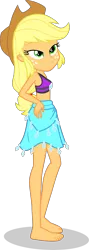 Size: 1408x3969 | Tagged: safe, alternate version, artist:dustinwatsongkx, derpibooru import, applejack, human, equestria girls, g4, accessory swap, applejack's hat, armpits, bare arms, bare legs, bare shoulders, barefoot, blonde hair, clothes, clothes swap, cowboy hat, feet, female, freckles, green eyes, hand on hip, hat, image, jewelry, low ponytail, necklace, orange skin, png, rarity's blue sarong, rarity's purple bikini, sarong, simple background, skirt, sleeveless, smug, solo, swimsuit, swimsuit swap, transparent background, vector