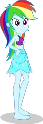 Size: 1364x3917 | Tagged: safe, alternate version, artist:dustinwatsongkx, derpibooru import, rainbow dash, human, equestria girls, g4, accessory swap, armpits, bare arms, bare legs, bare shoulders, barefoot, beads, bikini, bikini top, blue skin, clothes, clothes swap, diamonds, feet, female, grin, image, jewelry, multicolored hair, necklace, pink eyes, png, rainbow hair, rarity's blue sarong, rarity's purple bikini, sarong, simple background, skirt, sleeveless, smiling, solo, swimsuit, swimsuit swap, transparent background, vector