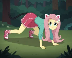 Size: 3072x2496 | Tagged: safe, ai content, derpibooru import, machine learning generated, prompter:kimberlite, stable diffusion, fluttershy, cat, human, equestria girls, g4, angry, cat ears, cat tail, fake ears, fake tail, forest, image, looking at you, nature, outdoors, png, quadrober, tail, tree