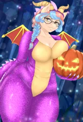 Size: 1900x2800 | Tagged: suggestive, artist:jerraldina, derpibooru import, oc, oc:dracey, anthro, pegasus, braid, breast squish, breasts, cleavage, commission, dragon costume, fake wings, female, glasses, halloween, headgear, holding, holiday, image, jack-o-lantern, looking at you, nightmare night, pegasus oc, png, pumpkin, single fang, solo, solo female, two toned mane, wings, ych result