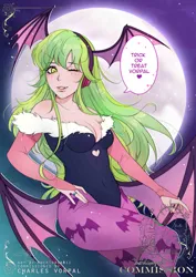 Size: 2894x4093 | Tagged: safe, artist:mochiwasabii, derpibooru import, lemon zest, human, succubus, equestria girls, g4, clothes, cosplay, costume, darkstalkers, halloween, halloween costume, holiday, image, implied canon x oc, jpeg, morrigan aensland, solo, speech bubble, wings