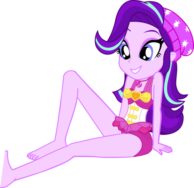 Size: 1382x1335 | Tagged: safe, alternate version, artist:dustinwatsongkx, derpibooru import, starlight glimmer, human, equestria girls, g4, bare shoulders, barefoot, beanie, clothes, clothes swap, feet, female, geode of sugar bombs, hat, image, magical geodes, one-piece swimsuit, pinkie pie swimsuit, png, simple background, sleeveless, solo, swimsuit, swimsuit swap, transparent background