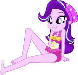 Size: 1382x1335 | Tagged: safe, alternate version, artist:dustinwatsongkx, derpibooru import, starlight glimmer, human, equestria girls, g4, bare shoulders, barefoot, beanie, clothes, clothes swap, feet, female, geode of sugar bombs, hat, image, magical geodes, one-piece swimsuit, pinkie pie swimsuit, png, simple background, sleeveless, solo, swimsuit, swimsuit swap, transparent background