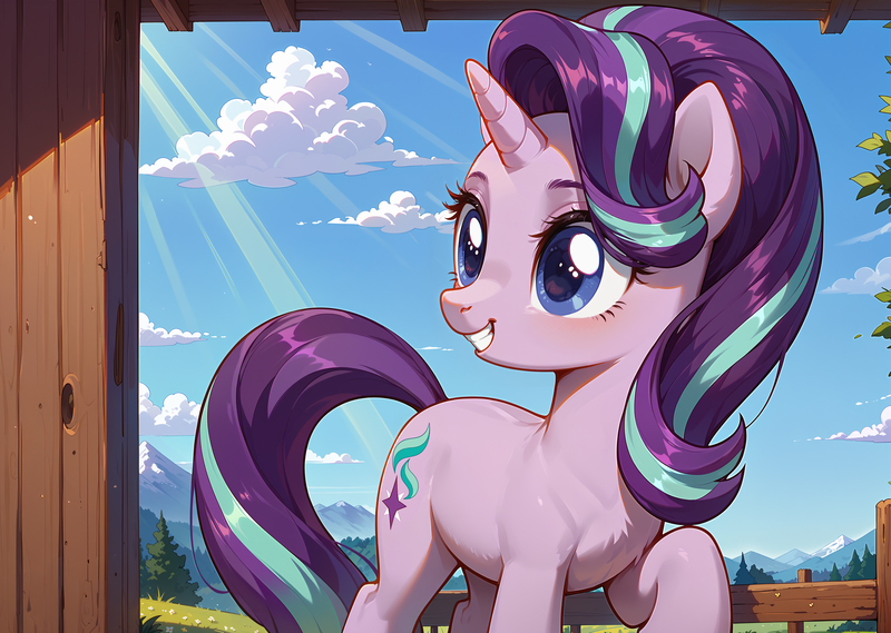 Size: 3744x2664 | Tagged: safe, ai content, derpibooru import, machine learning generated, prompter:bluetoothworld, starlight glimmer, pony, unicorn, g4, bangs, cloud, eyelashes, female, horn, image, jpeg, looking at someone, mare, sky, smiling, solo, tail, tree