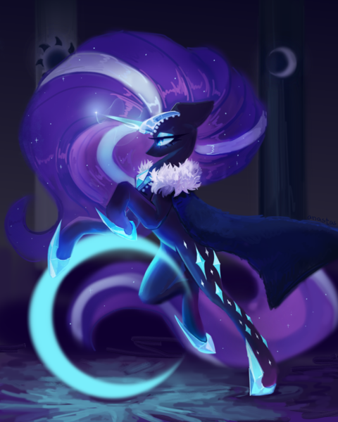 Size: 4000x5000 | Tagged: safe, alternate version, artist:anastas, derpibooru import, part of a set, nightmare rarity, pony, unicorn, series:ask nightmare rarity, g4, ask, cape, clothes, column, crystal, detailed background, ethereal mane, ethereal tail, eyelashes, eyeshadow, female, floppy ears, flowing mane, flowing tail, glow, glowing horn, hoof shoes, horn, image, jewelry, magic, magic aura, makeup, mare, mlp art ask (ru), moon, nightmarified, png, princess shoes, regalia, slit pupils, solo, standing, starry mane, starry tail, tail, tarot, tarot card, textless, tiara