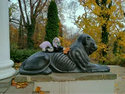 Size: 8192x6144 | Tagged: safe, derpibooru import, maud pie, big cat, lion, g4, autumn, image, jpeg, leaf, monument, park, photo, plushie