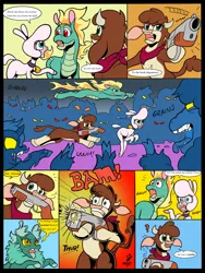 Size: 1456x1932 | Tagged: safe, artist:duragan, derpibooru import, velvet reindeer, cow, deer, dragon, hybrid, longma, reindeer, sheep, undead, zombie, them's fightin' herds, arizona (tfh), comic, community related, gun, halloween, holiday, image, lamb, parody, png, pom (tfh), shotgun, simpsons did it, tianhuo (tfh), weapon