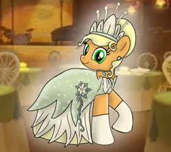 Size: 1280x1136 | Tagged: safe, artist:mlplary6, derpibooru import, applejack, earth pony, pony, alternate hairstyle, applebetes, applejack also dresses in style, clothes, crown, cute, dress, ear piercing, earring, evening gloves, female, gloves, gown, image, jewelry, jpeg, long gloves, mare, necklace, piercing, regalia, solo, table, the princess and the frog, tiana