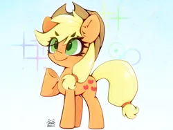 Size: 4000x3000 | Tagged: safe, artist:zokkili, derpibooru import, earth pony, pony, g4, applejack's hat, cowboy hat, ear fluff, eye clipping through hair, eyebrows, eyebrows visible through hair, female, hat, high res, image, jpeg, mare, raised hoof, signature, smiling, solo, sparkles, underhoof