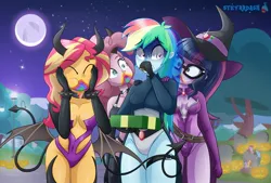 Size: 2000x1353 | Tagged: suggestive, artist:steyrrdash, derpibooru import, pinkie pie, rainbow dash, sci-twi, sunset shimmer, twilight sparkle, human, 28 pranks later, equestria girls, g4, clothes, costume, full moon, halloween, halloween costume, holiday, image, jpeg, moon, pumpkin