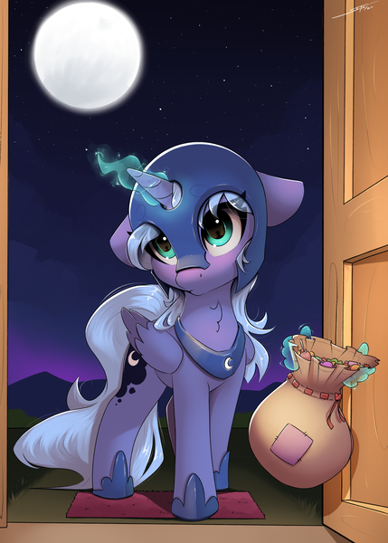 Size: 2500x3500 | Tagged: safe, artist:skitsniga, derpibooru import, nightmare moon, princess luna, alicorn, pony, g4, clothes, costume, cute, door, female, filly, filly luna, full moon, glow, glowing horn, halloween, halloween costume, holiday, horn, image, looking at you, lunabetes, moon, moonabetes, png, s1 luna, sky, stars, woona, younger