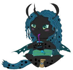 Size: 730x696 | Tagged: safe, artist:visserex52, derpibooru import, queen chrysalis, oc, oc:midnight lancer, changeling, g4, box of love juice, duo, image, juice, juice box, png, simple background, transparent background