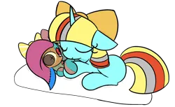 Size: 2352x1435 | Tagged: safe, artist:violavaquita, ponerpics import, oc, oc:silly stuffing, oc:terri softmare, alicorn, original species, plush pony, pony, bed, bow, cute, female, filly, hug, image, plushie, png, simple background, toy, transparent background