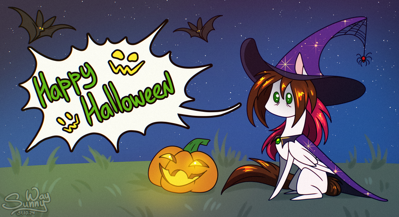 Size: 1600x869 | Tagged: safe, artist:sunny way, derpibooru import, bat, pegasus, pony, spider, g4, chibi, cute, digital art, female, feral, halloween, halloween2024, happy halloween, holiday, image, mare, night, omg, png, pumpkin, small, solo, stars, tired, witch