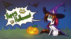 Size: 1600x869 | Tagged: safe, artist:sunny way, derpibooru import, bat, pegasus, pony, spider, g4, chibi, cute, digital art, female, feral, halloween, halloween2024, happy halloween, holiday, image, mare, night, omg, png, pumpkin, small, solo, stars, tired, witch