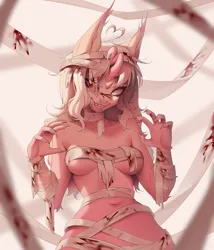 Size: 2840x3316 | Tagged: suggestive, artist:mashiro, derpibooru import, oc, oc:shemmeramour, unofficial characters only, anthro, unicorn, breasts, clothes, costume, halloween, halloween costume, holiday, horn, image, mummy costume, png, solo