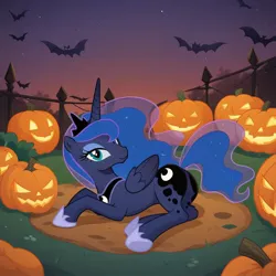 Size: 1024x1024 | Tagged: safe, ai content, derpibooru import, machine learning generated, prompter:harvydraws, stable diffusion, princess luna, alicorn, bat, pony, g4, bedroom eyes, butt, cute, dusk, evening, female, generator:pony diffusion v6 xl, halloween, halloween 2024, holiday, horn, image, jpeg, lidded eyes, looking at you, lying down, mare, moonbutt, nightmare night, plot, prone, pumpkin, sexy, show accurate, smiling, smiling at you, solo, stupid sexy princess luna