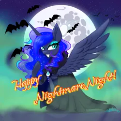 Size: 1080x1080 | Tagged: safe, artist:astralune, derpibooru import, princess luna, alicorn, bat, cape, clothes, ethereal mane, eyeshadow, image, looking at you, makeup, mlp fim's fourteenth anniversary, moon, nightmare night, png, signature, slit pupils, solo, starry mane, text