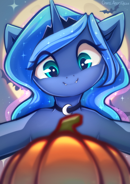 Size: 842x1191 | Tagged: safe, artist:chaosangeldesu, derpibooru import, princess luna, alicorn, bat, pony, choker, cute, halloween, holiday, image, jpeg, mlp fim's fourteenth anniversary, moon, pumpkin, smiling, solo