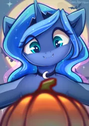 Size: 842x1191 | Tagged: safe, artist:chaosangeldesu, derpibooru import, princess luna, alicorn, bat, pony, choker, cute, halloween, holiday, image, jpeg, mlp fim's fourteenth anniversary, moon, pumpkin, smiling, solo