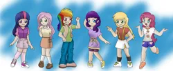 Size: 2991x1235 | Tagged: safe, artist:xxhidden-soulxx, derpibooru import, applejack, fluttershy, pinkie pie, rainbow dash, rarity, twilight sparkle, human, 2011, humanized, image, mane six, old art, png