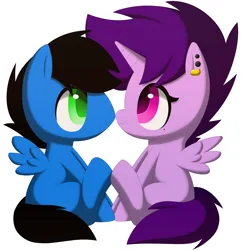 Size: 3340x3468 | Tagged: safe, alternate version, artist:melodytheartpony, derpibooru import, oc, oc:griff, oc:violet scratch, alicorn, pegasus, 2014, alicorn oc, doodle, ear piercing, facing each other, female, feral, happy, horn, image, looking at each other, looking at someone, male, old art, pegasus oc, piercing, png, shipping, short mane, signature, simple background, sitting, smiling, spread wings, straight, white background, wings