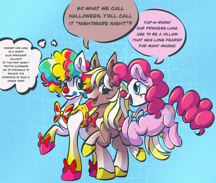 Size: 1966x1668 | Tagged: safe, artist:cupute, derpibooru import, nightmare moon, pinkie pie, princess luna, oc, oc:french fry grease, horse, pony, big ears, black eye, blue background, bowtie, brown coat, clothes, clown, clown (wild manes), clown makeup, clown nose, curly hair, curly mane, curly tail, cute, diapinkes, eyelashes, face paint, flowing hair, flowing mane, flowing tail, gradient hooves, gradient muzzle, green eyes, height difference, image, meme, mlp fim's fourteenth anniversary, multicolored hair, nightmare night, pink coat, pink mane, png, rainbow hair, red nose, reference to another series, shoes, silly, silly pony, simple background, speech bubble, tail, talking, text, trio, trotting, white coat, wild manes, wild manes on roblox, wildmanes, yellow mane