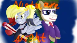 Size: 1920x1080 | Tagged: safe, artist:jbond, derpibooru import, derpy hooves, doctor whooves, time turner, earth pony, pegasus, pony, g4, alternate hair color, alternate hairstyle, baseball bat, clothes, cosplay, costume, dc comics, duo, female, harley quinn, image, joker (2019), male, png, text