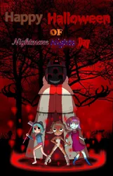 Size: 4821x7487 | Tagged: safe, derpibooru import, sunny flare, equestria girls, g4, agent 8, crossover, cult of the lamb, halloween, holiday, image, jpeg, narinder, nightmare night, ramona flowers, ritual, scott pilgrim vs the world, splatoon