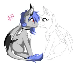 Size: 3600x3038 | Tagged: safe, artist:melodytheartpony, derpibooru import, oc, oc:melody silver, unofficial characters only, dracony, dragon, hybrid, any character, any gender, choker, commission, duo, ear piercing, facing each other, female, feral, happy, image, looking at each other, looking at someone, piercing, png, short mane, signature, simple background, sitting, smiling, spread wings, white background, wings, your character here