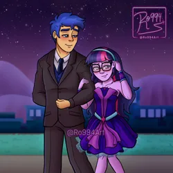 Size: 3500x3500 | Tagged: safe, artist:ro994, derpibooru import, flash sentry, sci-twi, twilight sparkle, human, equestria girls, g4, absurd resolution, blushing, clothes, couple, dancing, date, digital art, dress, duo, duo male and female, female, flashlight, gentleman, glasses, image, jpeg, male, necktie, night, outfit, redraw, ship:sci-flash, shipping, signature, slow dancing, straight, suit, watermark