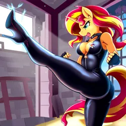 Size: 1024x1024 | Tagged: safe, ai content, derpibooru import, machine learning generated, novelai, stable diffusion, sunset shimmer, equestria girls, g4, boots, catsuit, clothes, high heel boots, high heels, image, kicking, martial arts, png, shoes