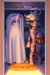 Size: 2000x3000 | Tagged: suggestive, artist:jedayskayvoker, derpibooru import, oc, oc:elppa, oc:kopp, unofficial characters only, earth pony, ghost, undead, unicorn, bedsheet ghost, clothes, commission, costume, earth pony oc, femboy, ghost costume, halloween, halloween costume, holiday, horn, image, male, males only, mummy, mummy costume, png, unicorn oc