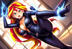 Size: 1216x832 | Tagged: suggestive, ai content, derpibooru import, machine learning generated, novelai, stable diffusion, sunset shimmer, human, equestria girls, g4, absolute cleavage, boots, breasts, catsuit, cleavage, clothes, high heel boots, high heels, image, kicking, martial arts, png, shoes