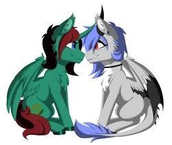 Size: 3600x3038 | Tagged: safe, alternate version, artist:melodytheartpony, derpibooru import, oc, oc:melody silver, unofficial characters only, alicorn, dracony, dragon, hybrid, choker, commission, duo, ear piercing, facing each other, female, feral, happy, image, long mane, looking at each other, looking at someone, piercing, png, short mane, signature, simple background, sitting, smiling, spread wings, white background, wings, ych result, your character here