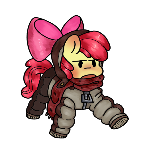 Size: 1514x1565 | Tagged: safe, artist:koidial, derpibooru import, apple bloom, earth pony, pony, g4, adorabloom, apple bloom's bow, blushing, bomber jacket, bow, bundled up for winter, clothes, cute, dot eyes, ear blush, eye clipping through hair, female, filly, foal, freckles, hair bow, hood, image, jacket, open mouth, pink bow, png, puffer jacket, raised hoof, red mane, red tail, scarf, shiny mane, shiny tail, simple background, solo, tail, transparent background, walking, yellow coat