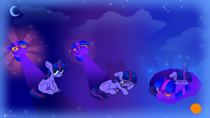 Size: 2048x1152 | Tagged: safe, artist:koidial, derpibooru import, twilight sparkle, pony, unicorn, g4, bangs, cloud, colored eyelashes, colored sclera, crescent moon, crying, cuddling, curled up, duo, duo female, eyelashes, female, frown, glow, horn, image, jpeg, looking at each other, looking at someone, lying down, mare, missing cutie mark, moon, night, night background, purple eyes, self acceptance, self paradox, self ponidox, shiny mane, shiny tail, signature, sitting, sky background, sleeping, sparkles, starry background, straight mane, straight tail, three toned mane, three toned tail, unicorn twilight, yellow eyelashes, yellow sclera