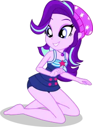 Size: 2793x3822 | Tagged: safe, alternate version, artist:dustinwatsongkx, derpibooru import, starlight glimmer, human, equestria girls, equestria girls series, g4, x marks the spot, accessory swap, bare arms, bare legs, bare shoulders, barefoot, beanie, clothes, clothes swap, eyeshadow, feet, female, geode of telekinesis, grin, hat, high res, image, jewelry, kneeling, magical geodes, makeup, my little pony equestria girls: better together, necklace, one-piece swimsuit, png, sandals, sci-twi swimsuit, shadow, simple background, sleeveless, smiling, solo, swimsuit, swimsuit swap, teeth, transparent background