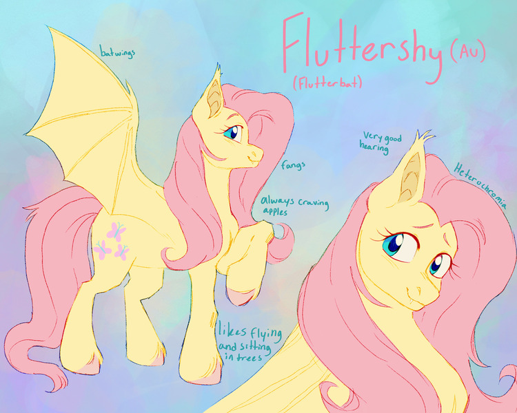 Size: 2000x1600 | Tagged: safe, artist:abbytabbys, derpibooru import, part of a set, fluttershy, bat pony, pony, fanfic:broken destiny, g4, alternate universe, bat ponified, blue text, blush lines, blushing, broken destiny au, bust, colored eyebrows, colored hooves, colored pinnae, ear tufts, eyelashes, fangs, female, flutterbat, gradient background, heterochromia, hooves, image, jpeg, long mane, long tail, looking back, mare, multiple angles, pink hooves, pink mane, pink tail, pink text, profile, race swap, raised hoof, reference sheet, smiling, solo, spread wings, standing, standing on three hooves, tail, three quarter view, transformed, unshorn fetlocks, wings, yellow coat