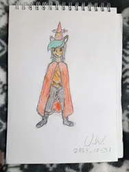 Size: 3024x4032 | Tagged: safe, artist:pink amena, derpibooru import, lyra heartstrings, cat, human, g4, catgirl, clothes, colored pencil drawing, costume, humanized, image, jpeg, knife, mlp fim's fourteenth anniversary, night in the woods, nightmare night costume, solo, traditional art, witchdagger