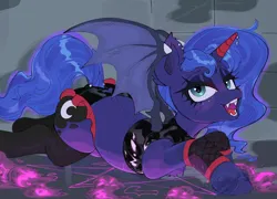 Size: 2234x1612 | Tagged: suggestive, artist:maremagnet, derpibooru import, princess luna, bat pony, alternate hairstyle, clothes, fangs, image, latex, nightmare night, piercing, png, socks