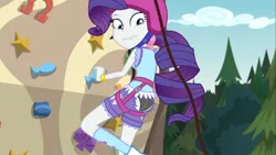 Size: 1247x701 | Tagged: suggestive, artist:maverick074, derpibooru import, edit, edited screencap, screencap, rarity, human, equestria girls, g4, alternate hairstyle, black panties, bracelet, camp everfree, clothes, cutie mark, cutie mark on clothes, embarrassed, embarrassed underwear exposure, hair tie, harness, helmet, humanized, image, jewelry, kneesocks, looking back, my little pony equestria girls: legend of everfree, outdoors, panties, pants, png, ripped pants, rock climbing, rope, socks, tack, torn clothes, tree, underwear, underwear edit, wardrobe malfunction