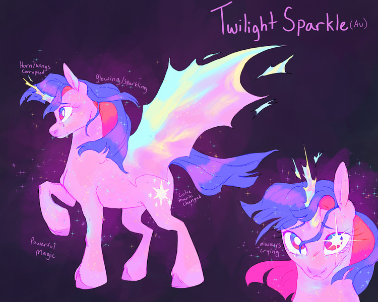 Size: 2000x1600 | Tagged: safe, artist:abbytabbys, derpibooru import, twilight sparkle, twilight sparkle (alicorn), alicorn, pony, fanfic:broken destiny, g4, alternate cutie mark, alternate universe, artificial horn, artificial wings, augmented, broken destiny au, colored eyebrows, colored hooves, corrupted, corrupted twilight sparkle, crying, ethereal body, ethereal horn, ethereal mane, ethereal tail, ethereal wings, eyelashes, female, flowing mane, flowing tail, frown, glow, glowing body, glowing cutie mark, glowing eyes, glowing horn, glowing mane, glowing wings, gradient background, hooves, horn, image, jpeg, looking at you, magic, magic eyes, magic horn, magic wings, mare, multicolored eyes, multiple angles, profile, purple coat, purple hooves, purple tail, purple text, raised hoof, reference sheet, solo, sparkles, sparkly body, sparkly coat, sparkly mane, sparkly tail, standing, standing on three hooves, tail, three toned eyes, three toned mane, transformed, unshorn fetlocks, unstable magic, white pupils, wings