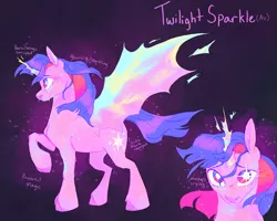 Size: 2000x1600 | Tagged: safe, artist:abbytabbys, derpibooru import, twilight sparkle, twilight sparkle (alicorn), alicorn, pony, fanfic:broken destiny, g4, alternate cutie mark, alternate universe, artificial horn, artificial wings, augmented, broken destiny au, colored eyebrows, colored hooves, corrupted, corrupted twilight sparkle, crying, ethereal body, ethereal horn, ethereal mane, ethereal tail, ethereal wings, eyelashes, female, flowing mane, flowing tail, frown, glow, glowing body, glowing cutie mark, glowing eyes, glowing horn, glowing mane, glowing wings, gradient background, hooves, horn, image, jpeg, looking at you, magic, magic eyes, magic horn, magic wings, mare, multicolored eyes, multiple angles, profile, purple coat, purple hooves, purple tail, purple text, raised hoof, reference sheet, solo, sparkles, sparkly body, sparkly coat, sparkly mane, sparkly tail, standing, standing on three hooves, tail, three toned eyes, three toned mane, transformed, unshorn fetlocks, unstable magic, white pupils, wings